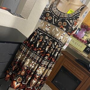 R&M Richards Black and Tan Maxi Dress with Orange Accents